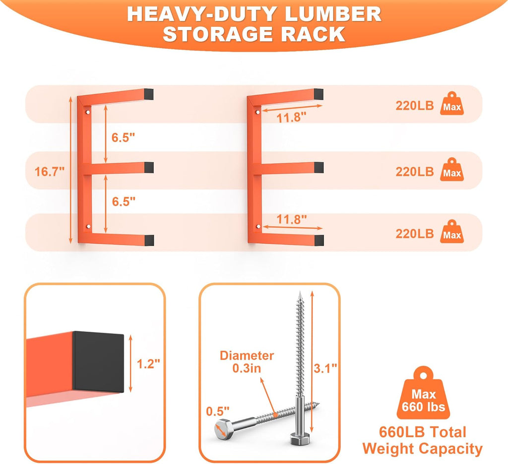 Ultrawall Lumber Storage Rack - Heavy-Duty Wall-Mounted Wood Organizer | Holds 220 LBS Per Level (Pack of 4, Orange)