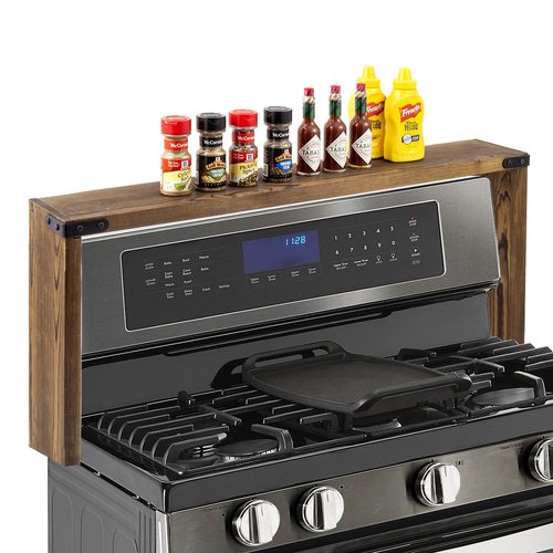 MyGift 34 Inch Over The Stove Spice Rack Deluxe Rustic Burnt Brown Solid Wood Display Shelf with Industrial Black Metal Corner Bracket Decoration Accents