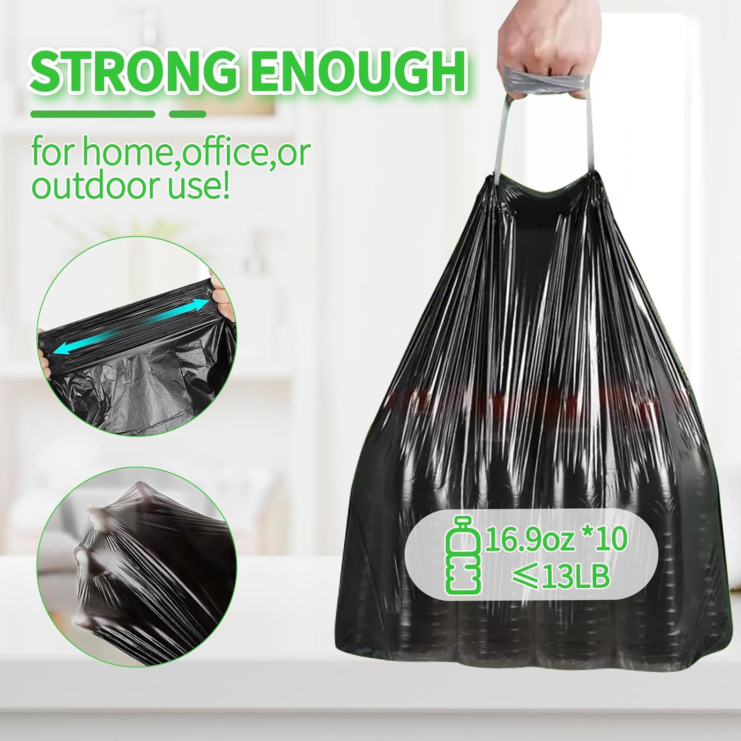Skiennix 100 Count Small Drawstring Trash Bags - Thick Mini Wastebasket Liners for 4-Gallon Cans | Black