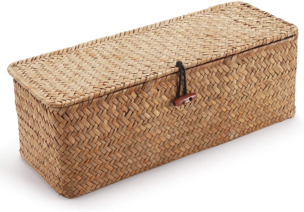 Seagrass Tank Basket - Woven Storage Basket with Lid for Organizing Snacks, Toys & More | Large 16.5" L x 5.5" W x 5.5" H