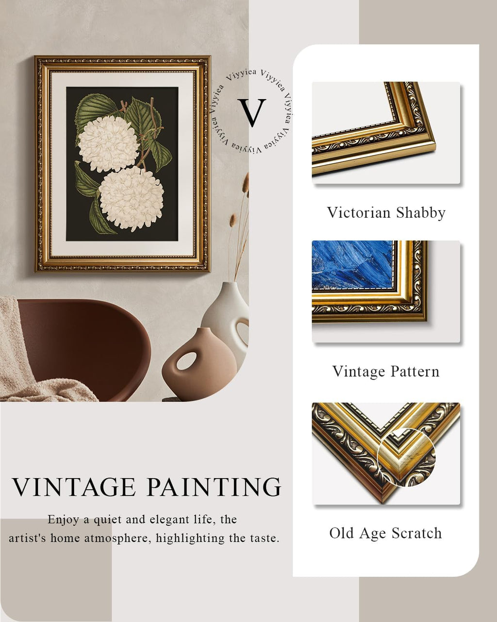 VIYYIEA Gold Framed Canvas Print - White Hydrangea Oil Painting for Elegant Home Decor | 13x16in