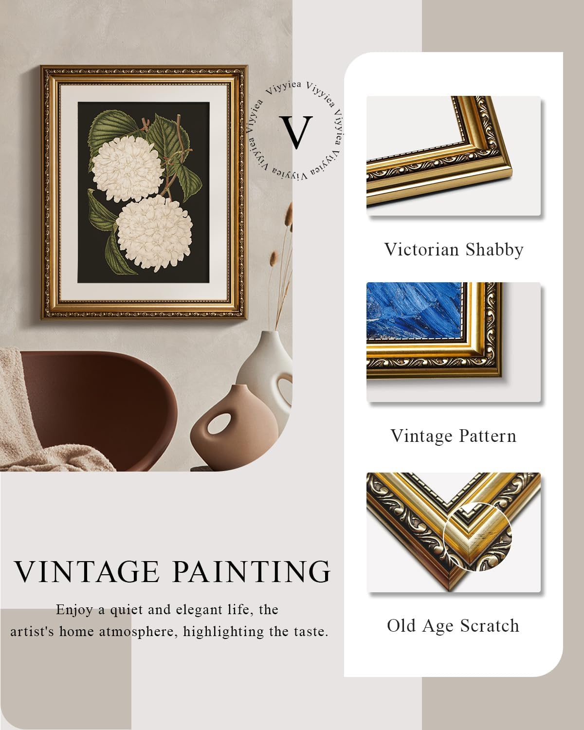 VIYYIEA Gold Framed Canvas Print - White Hydrangea Oil Painting for Elegant Home Decor | 13x16in