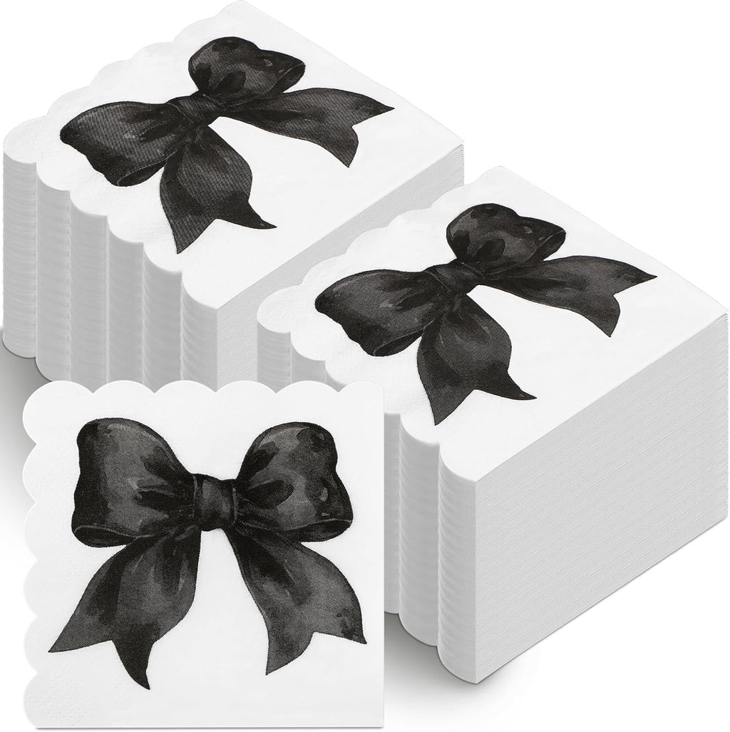 Skyygemm Black Bow Napkins - 150 Pcs Disposable Paper for Bachelorette & Bridal Showers | Coquette Theme Party Decor