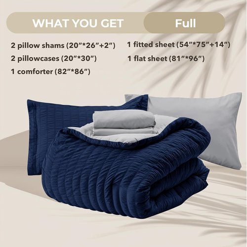 HYMOKEGE Comforter Set - Navy Blue & Light Grey Seersucker | 7-Piece All-Season Luxury Bedding Set