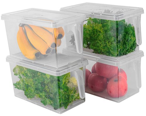 Sooyee Produce Saver Containers for Refrigerator with Drain Tray, 5L x 4 Stackable Fruit Storage Containers for Fridge,Vegetable Storage Keep Fresh for Lettuce,Salad,Berry, Salad,Meat and Fish