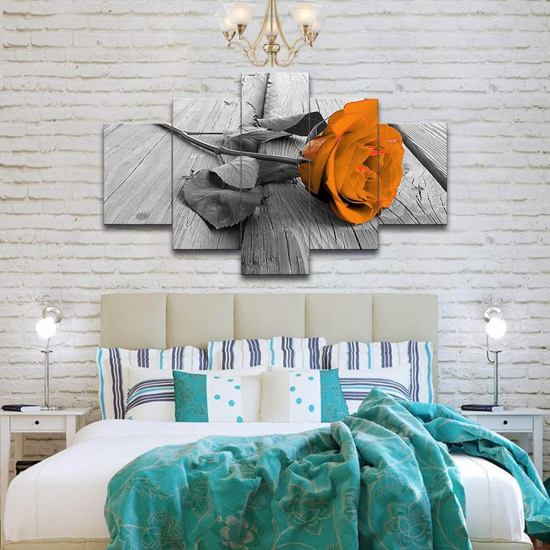 Orange Floral Flower Orange Rose 5 Pieces Modern Decorative Painting Canvas Wall Art for Living Room Bedroom Bathroom Stretched and Framed Ready to Hang (60''W x 32''H, Orange)
