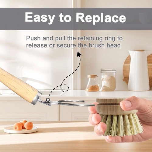 HARSKIYER Wooden Dish Brush Set, 4 Natural Bristle Replacement Heads with 1 Sturdy Wooden Handle, Sisal Kitchen Scrub Brush for Pots, Pans, Vegetables and Cookware