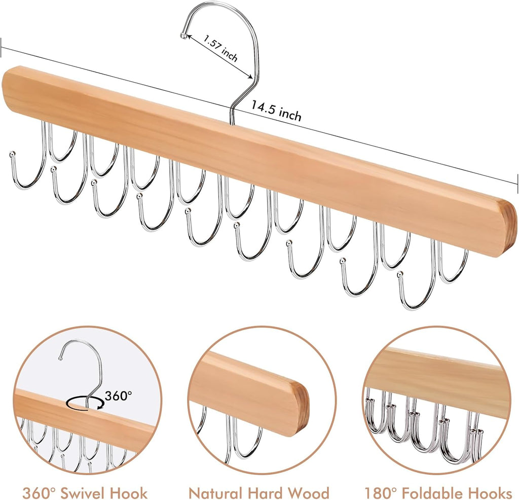 NECAMOCU Premium Wooden Bra Hanger - 2 Pack Closet Organizer with 36 Foldable Hooks & 360° Rotation