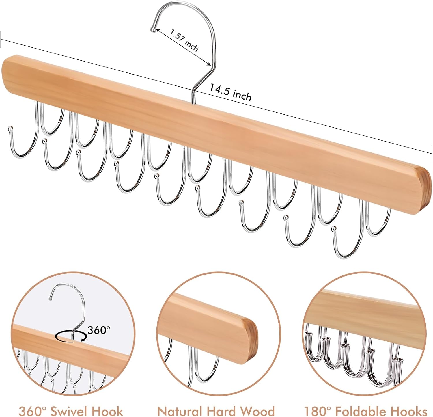 NECAMOCU Premium Wooden Bra Hanger - 2 Pack Closet Organizer with 36 Foldable Hooks & 360° Rotation