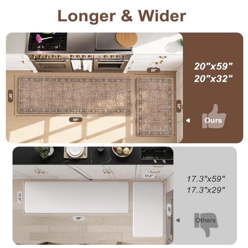 KIMODE Anti Fatigue Kitchen Mat 20"x59"+20"x32", Boho Distressed Kitchen Rugs Sets of 2, Kitchen Mats for Floor Cushioned Non Slip, Comfort Kitchen Floor Mats for Sink, Laundry, Desk Brown