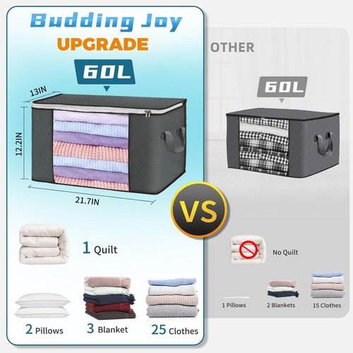 Budding Joy | Foldable Large Blanket Storage Bags - 60L Capacity, 6-Pack, Gray | Ideal for Clothes, Toys & More