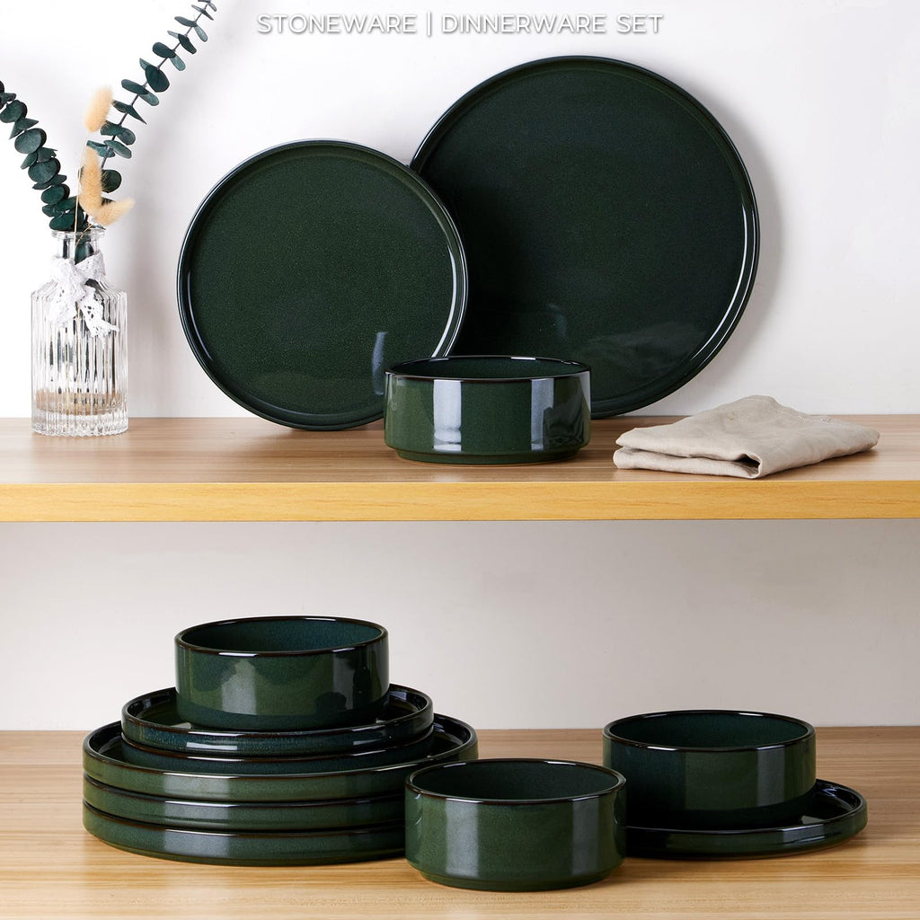 Onader Stoneware Dinnerware Sets for 4, Reactive Glaze Plates and Bowls Sets, Ceramic Dish Dinner Set with Rustic Terracotta Bottom, 12 Piece Elegant Dishware - Emerald Green