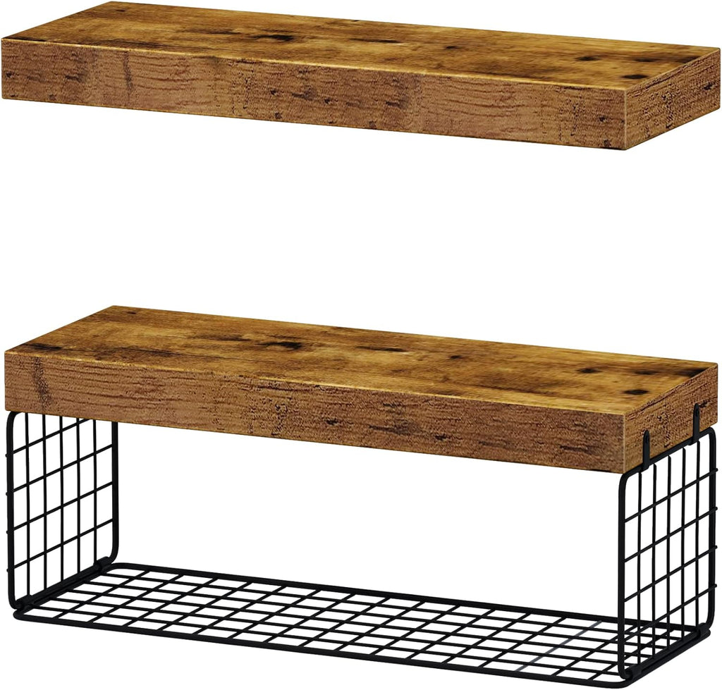 QEEIG Bathroom Shelves Over Toilet - Rustic Brown Wall-Mounted Floating Shelves | Set of 2, 16 Inch Storage Solution