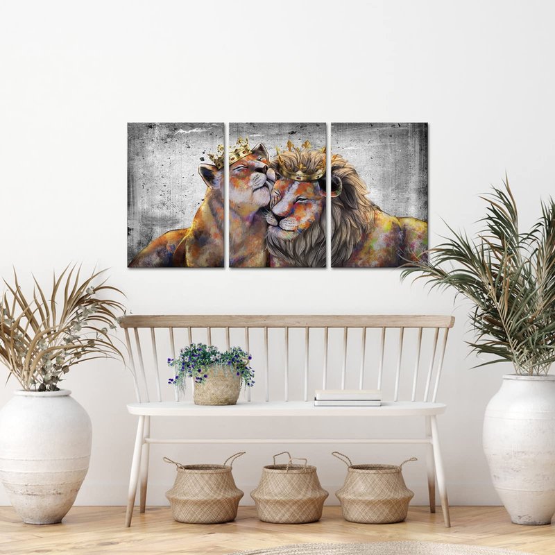 VANSEEING 3 Pieces Animal King Queen Canvas Wall Art Lion and Lioness with Crown Grey and Gold Romantic Couple Artwork for Bedroom Modern Home 16x24inchx3pcs