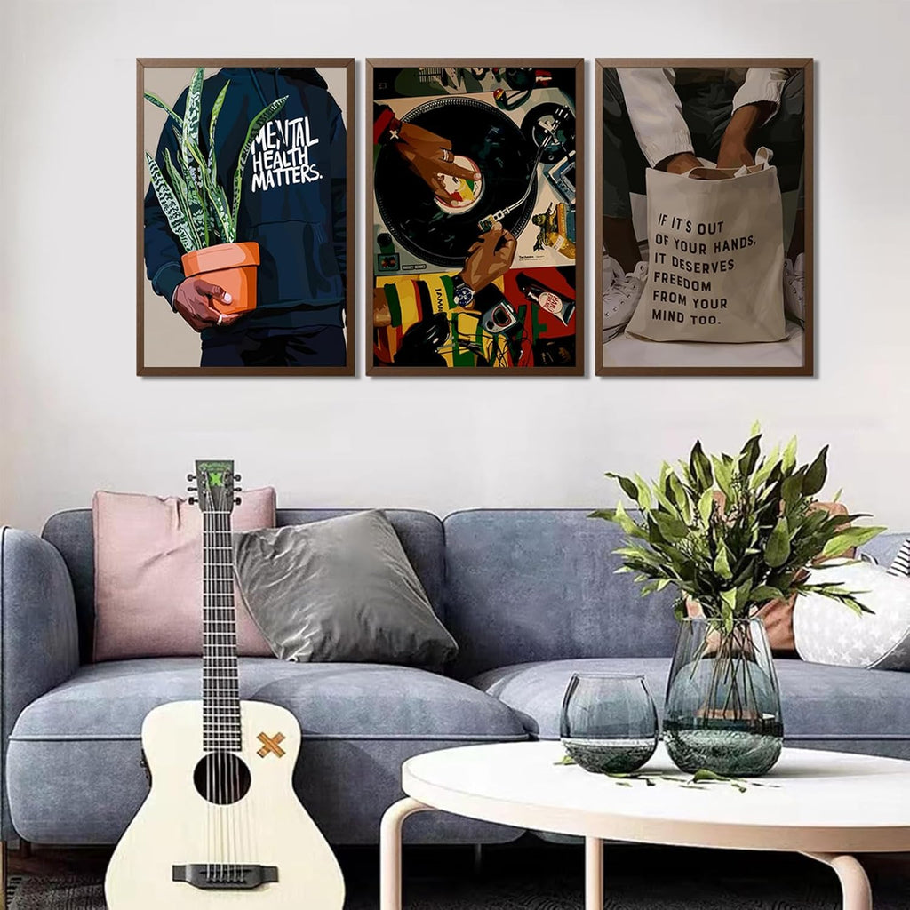 Skiennix Black Men Wall Art Set of 3 | Stylish African American DJ Poster Prints - 12x16in Decor