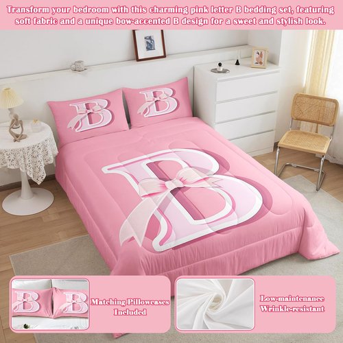 jejeloiu Pink Bow Bedding Set, Gifts for Women Teen Girl,Full Size, Decor Monogrammed Bedding Set, Personalized Initial B Ultra Soft Comforter Modern Fashion,Duvet Set Room Decor Quilt Set
