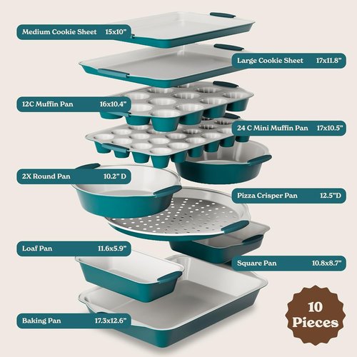 Country Kitchen Nonstick Bakeware Set - Heavy Duty & Durable 10-Piece Baking Set in Sage