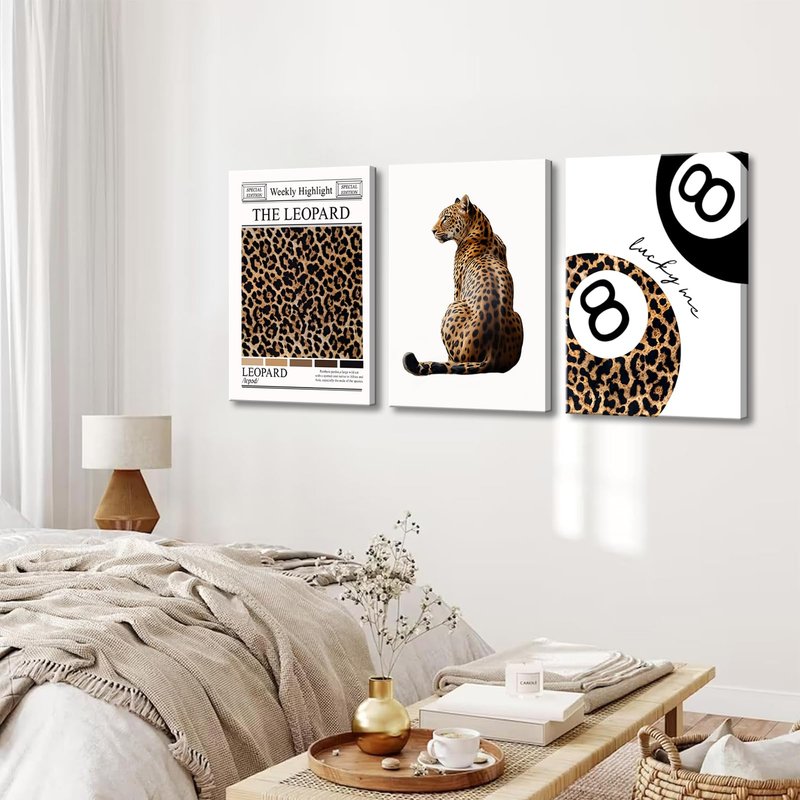 Set of 3 Trendy Leopard Canvas Wall Art Funky Lucky 8 Ball Posters Prints Preppy Room Aesthetic Cheetah Wall Decor Pictures for Girly Bedroom Apartment Dorm 16x24in
