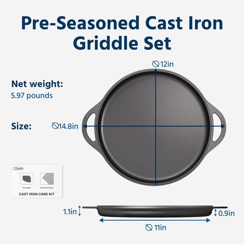 COOKLIFE 12 Inch Pre-Seasoned Cast Iron Griddle - Lightweight, Smooth Surface for Easy Cleaning & Versatile Cooking
