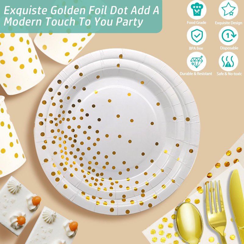 175 PCS White and Gold Paper Plates and Utensils Set Party for 25 Guests Disposable Party Decorations Golden Dinnerware Plates Cups Napkins Forks Knives Spoons for Wedding,Birthday and Party.