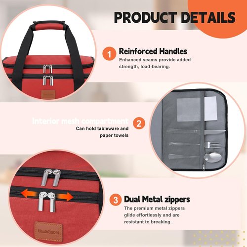 Insulated Casserole Carrier - Double Decker Food Carrier for Hot or Cold Meals | Portable Leakproof Thermal Bag (Red)
