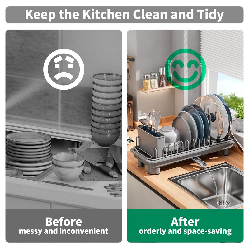SanDream Small Dish Drying Rack with Removable Utensil Holder & Anti-Scratch Base - Stainless Steel Dish Rack, Dish Drying Rack with Drainage & Space Saving Design for Kitchen Counter, Gray