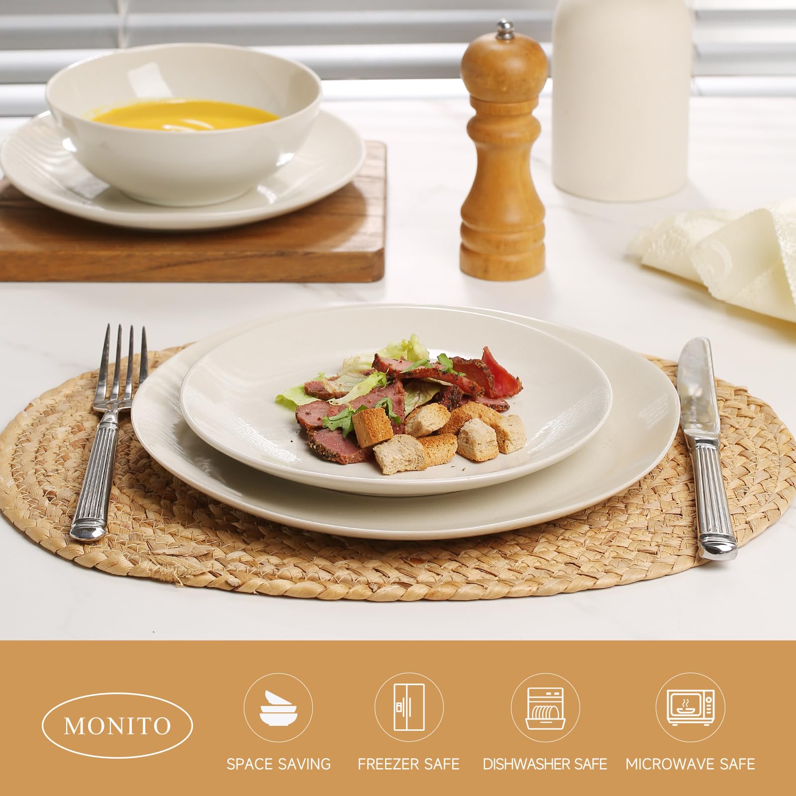 Ceramic Dinnerware 12 Pieces glazed cream white Dinner Set,Plates Pasta Bowls Cereal Bowls Reactive Change Glaze Dish Sets, Modern Stoneware Dishe (glazed cream white)