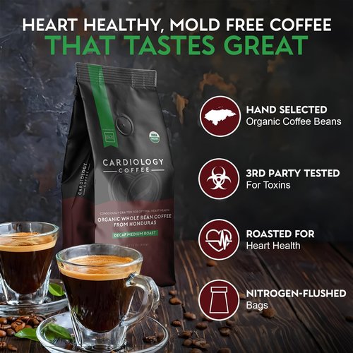 Cardiology Coffee – Medium Roast Decaf Coffee Beans – USDA Certified Organic, Mold Free 12oz Premium Whole Bean Coffee – Decaf Barista-Style Beans with Swiss Water Decaf and Antioxidant Benefits