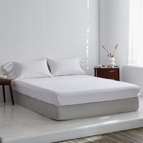Simple&Opulence Linen Fitted Sheet (1 Piece) - 14 Inch Deep Pocket Mattress Cover Natural Flax Cotton Blended Soft Breathable Bedding - White, Queen Size