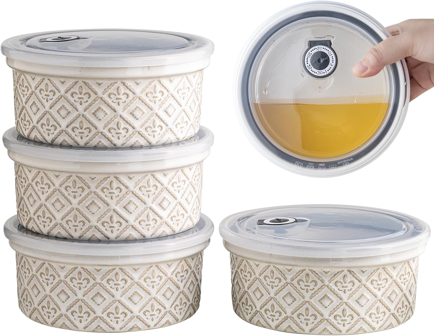 Ramekins 40 Oz Ceramic Bowls Set of 4 - Airtight Mixing Bowls with Lids for Salad, Soup & Baking - Beige