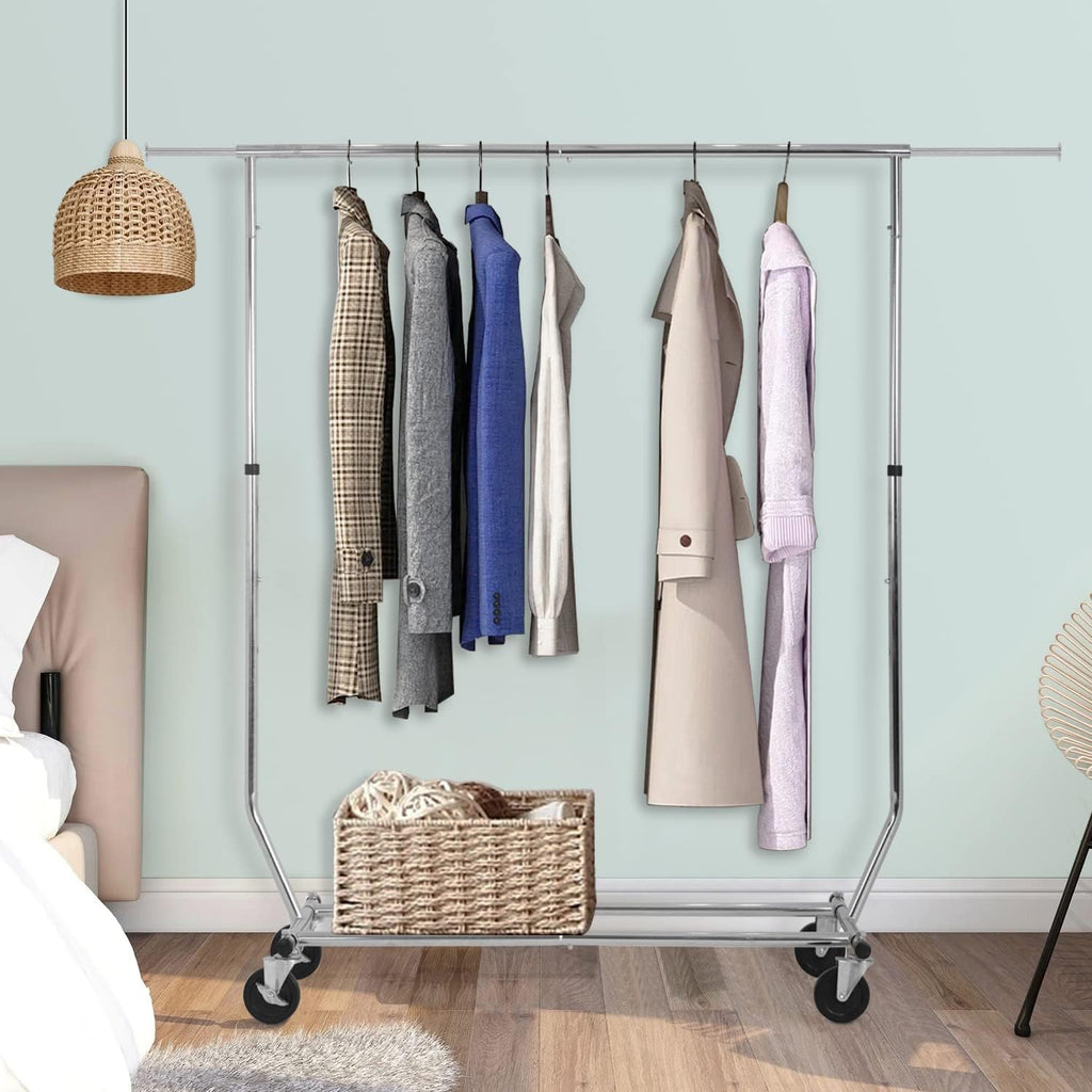 PayLessHere Heavy Duty Clothing Rack - Extensible Garment Rack with Wheels | 135 lbs Capacity, Chrome Finish