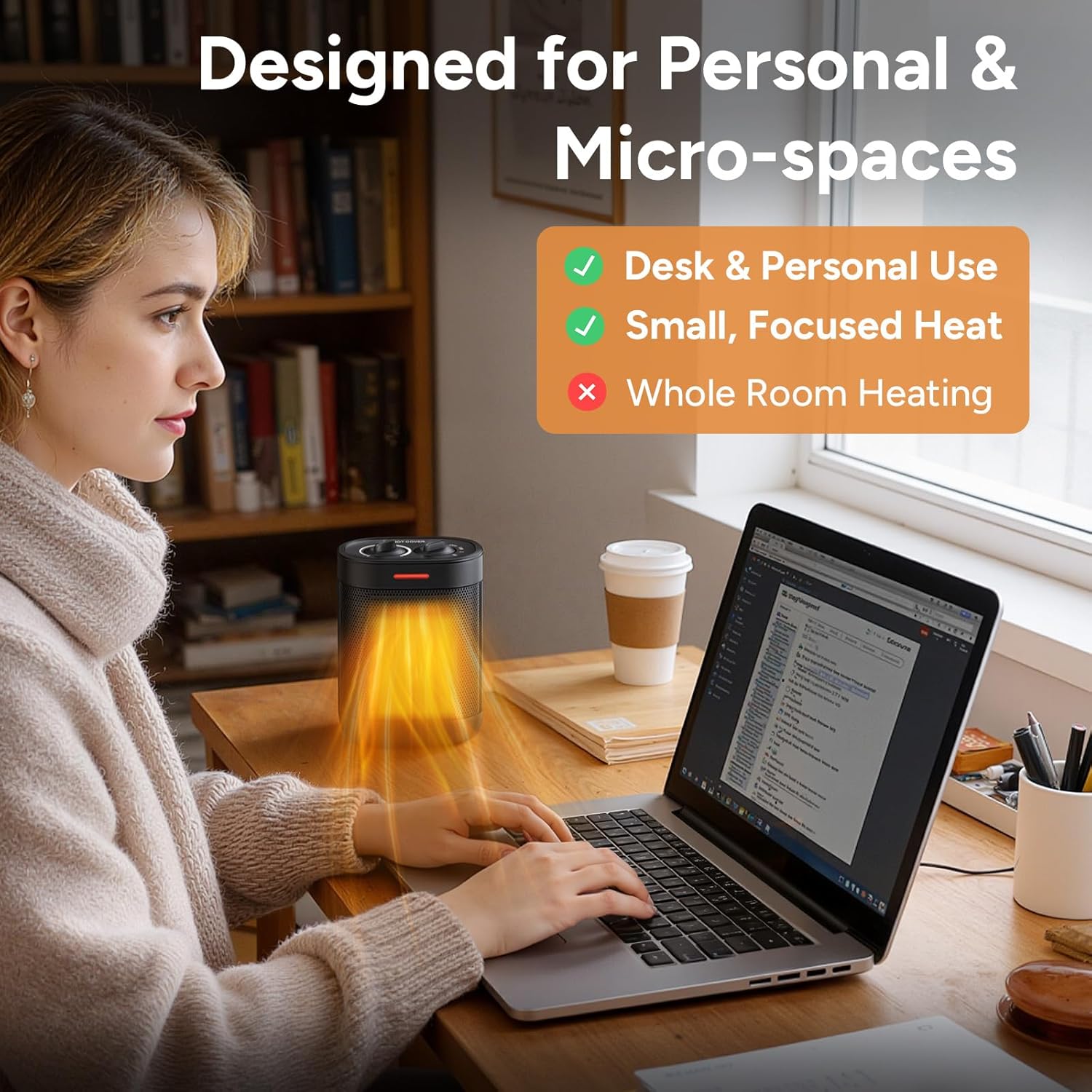 Pereysi Ceramic Personal Space Heater - Quiet 1000W/700W Electric Heater for Office & RV | Compact Design