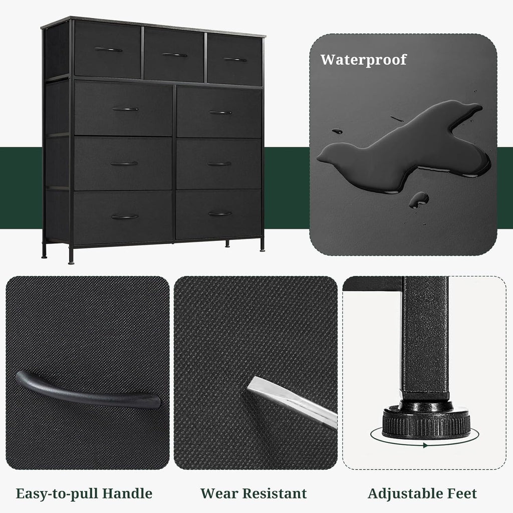 Regine Switzerland 9-Drawer Dresser - Anti-Tip Tall Storage Organizer with Wooden Top & Metal Frame - Black
