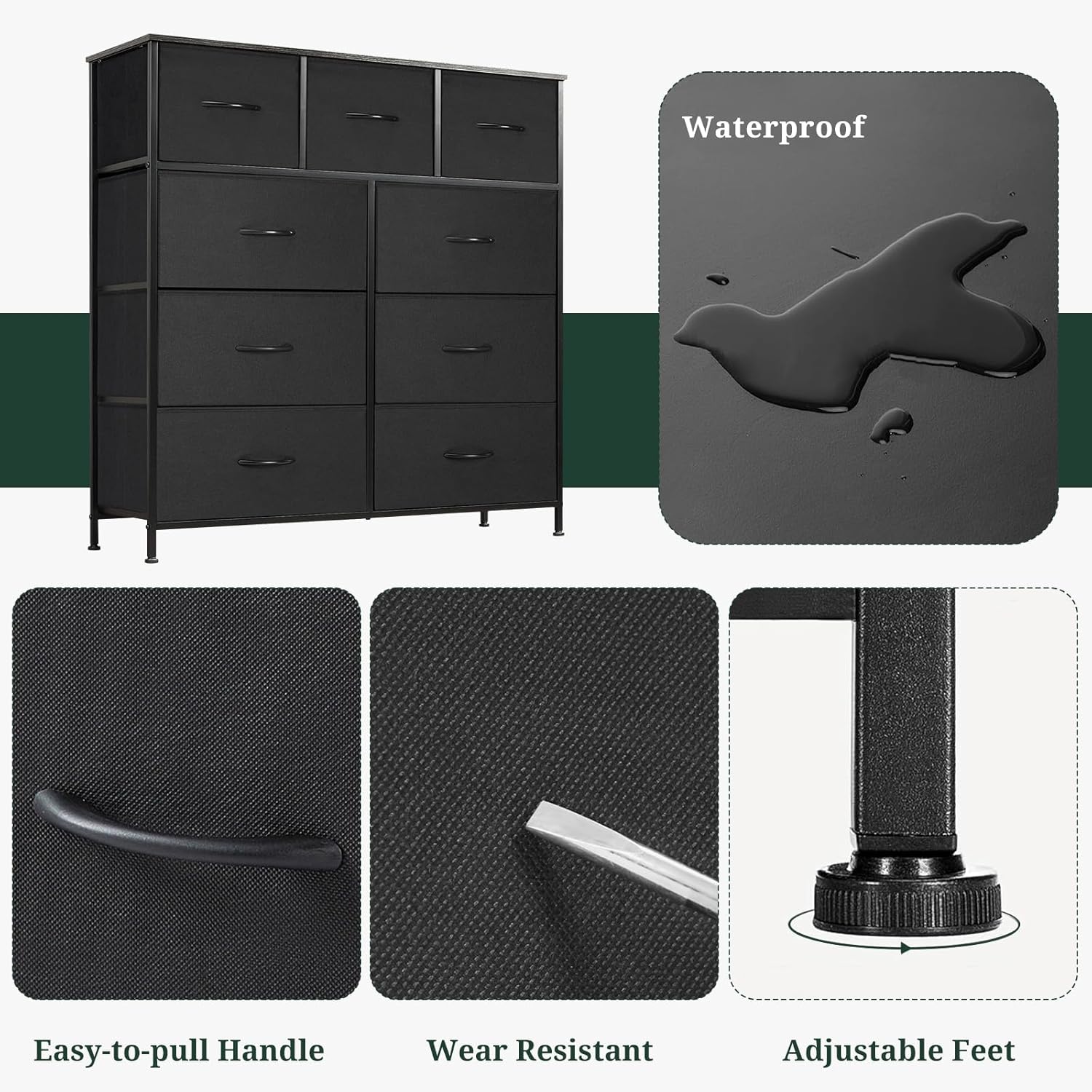Regine Switzerland 9-Drawer Dresser - Anti-Tip Tall Storage Organizer with Wooden Top & Metal Frame - Black