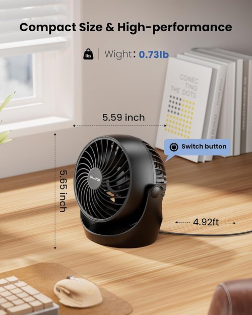 Gaiatop Desk Fan - 5-Inch Portable Electric Air Circulator | 3-Speed 360° Adjustable Tilt - Black