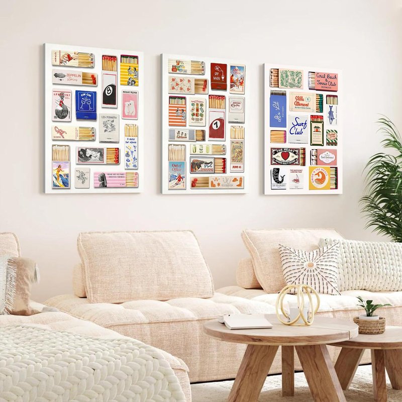Trendy Matchbook Wall Art Set of 3, Retro Girly Bar Cart Decor, Preppy Matchbox Poster Canvas Prints Aesthetic Picture for Apartment Dorm Living Room Home Framed 16x24 inch