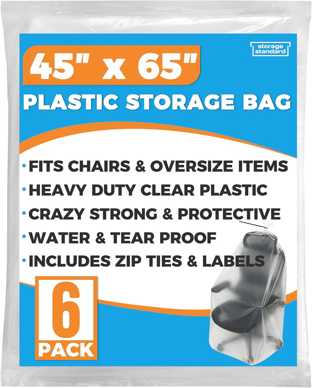 Storage Standard Large Clear Plastic Bags - Waterproof Heavy-Duty 6-Pack for Rugs & Cushions | 45 x 65 Inches