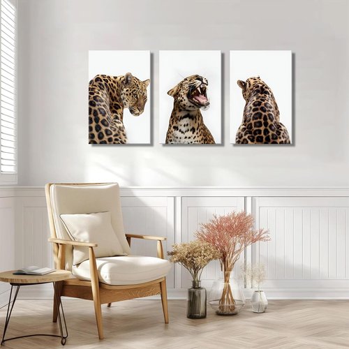 3 Pcs Leopard Roaring Canvas Wall Art Jungle Wild Animal Portrait Paintings Feminism Stylish Cheetah Aesthetic Poster Prints for Women Bedroom Living Room Bathroom Decorations (16x24in canvas)