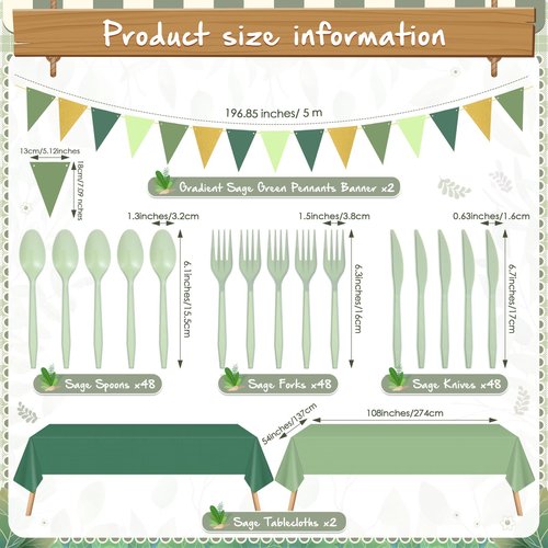 Mimorou 342 Pcs Sage Green Party Supplies Green Tableware Paper Disposable Plates Napkins Cups Plastic Tablecloth Sage Golden Triangle Banner for Wedding Bachelorette Birthday