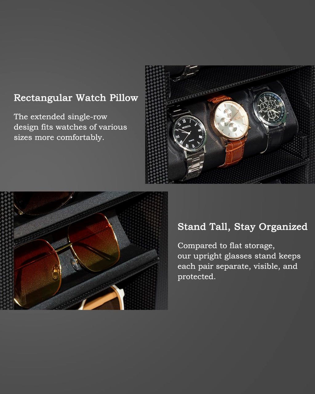 Watch and Glasses Storage Case, 3-Layer Watch Display Box, 4-Layer Glasses Rack, 360° Rotating Jewelry Organizer with Glass Window (Brown, With windows)