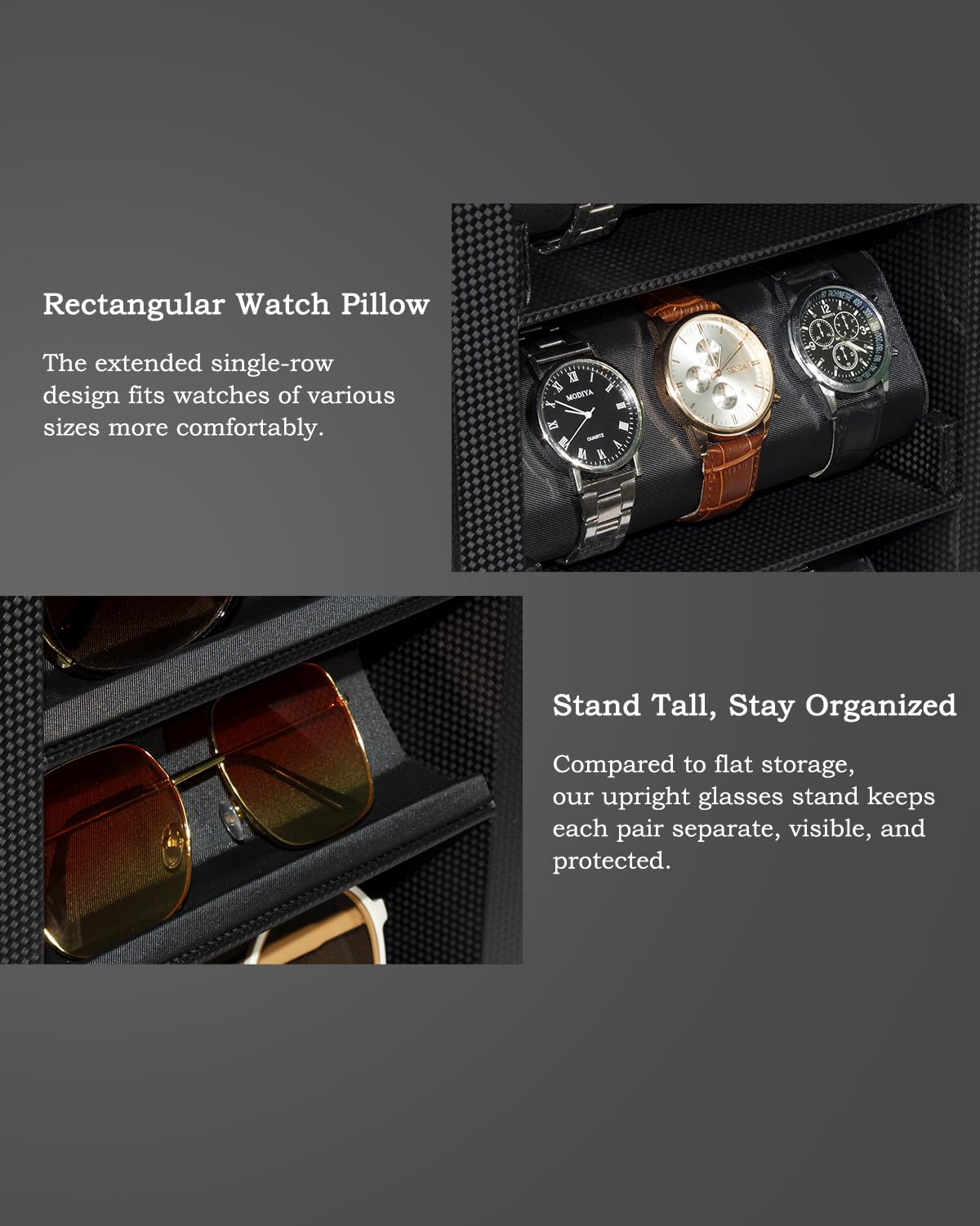 Watch and Glasses Storage Case, 3-Layer Watch Display Box, 4-Layer Glasses Rack, 360° Rotating Jewelry Organizer with Glass Window (Brown, With windows)