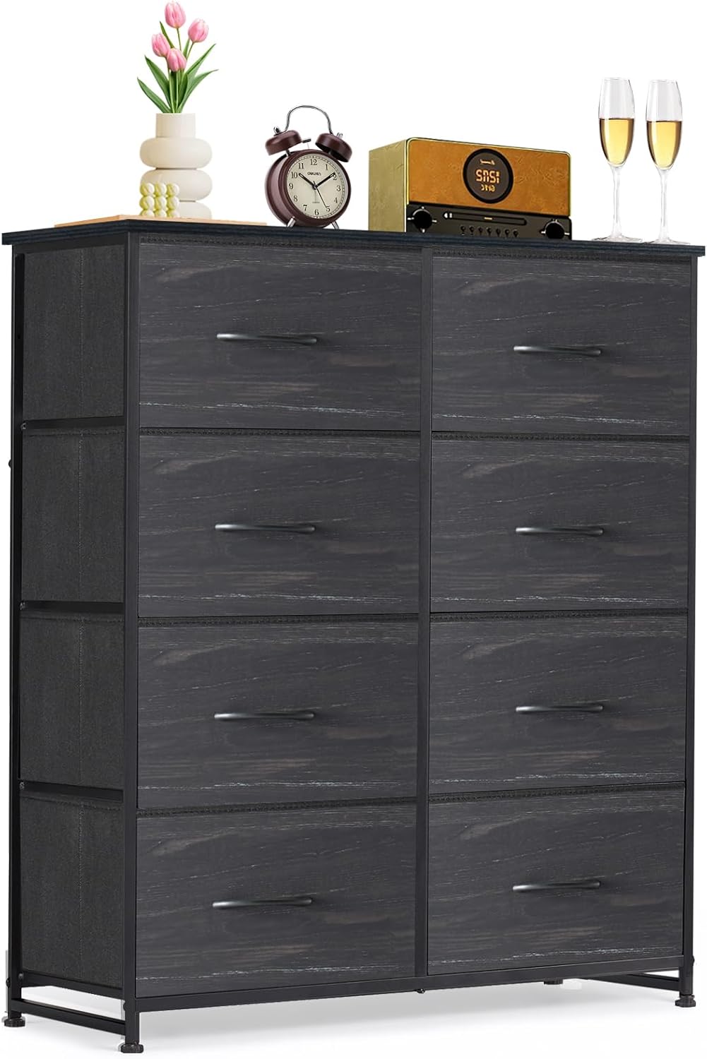 Skiennix 8-Drawer Dresser - Anti-Tip Tall Storage Organizer with Wooden Top & Metal Frame | Charcoal Black
