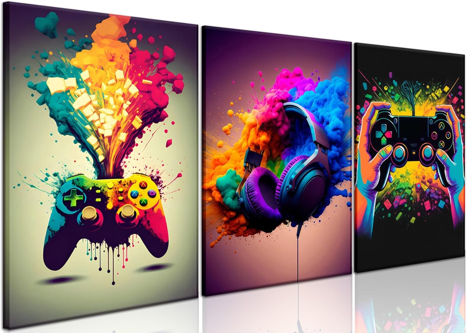Skiennix Gaming Room Decor | Set of 3 Framed Canvas Posters - Video Game Controller Art for Boys' Bedrooms (16x24 in)