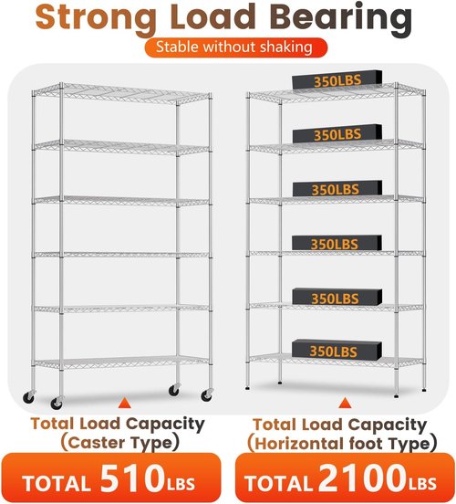BestOffice 6-Tier Wire Storage Shelves with Wheels - Heavy-Duty Metal | Adjustable Chrome Racks | 18x45x82 | Holds Up to 2100 lbs | Easy No-Tool Assembly for Home & Garage