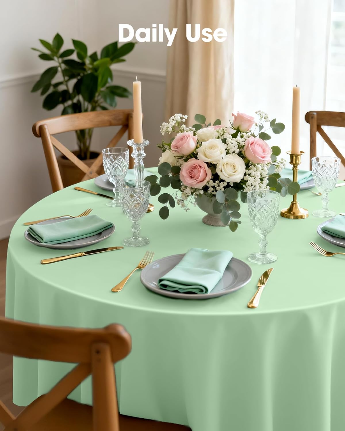Pureegg Disposable Plastic Table Cloths - 84'' Round, Leakproof & Sturdy, Sage Green | 10 Pack for Easter Parties