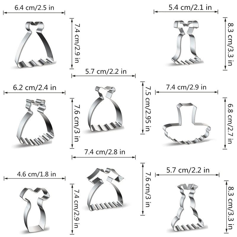 Dress Shaped Cookie Cutters Set of 8 pcs, Stainless Steel Wedding Princess Dress Fondant Cutter Molds Baking DIY