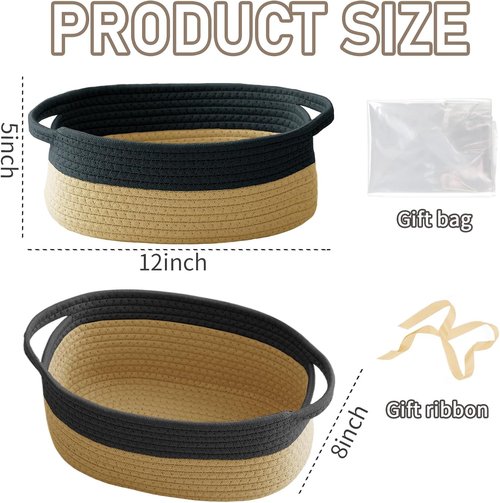 JMvicyroam Woven Storage Baskets - Small Rope Bins with Handles for Organizing Shelves & Closets | Black & Jute, 3-Pack
