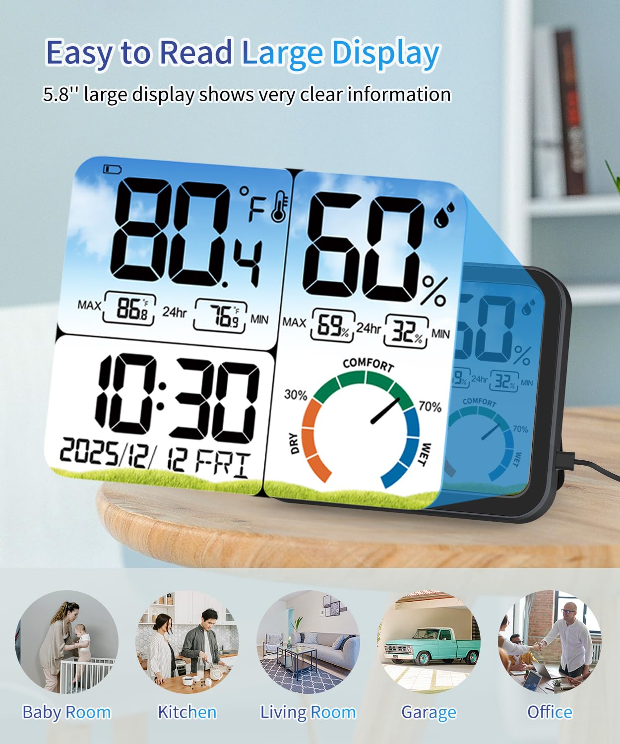 VOCOO Digital Indoor Thermometer - 5.8'' Large Display Temperature & Humidity Sensor with Accurate Readings, Backlit, Date & Clock
