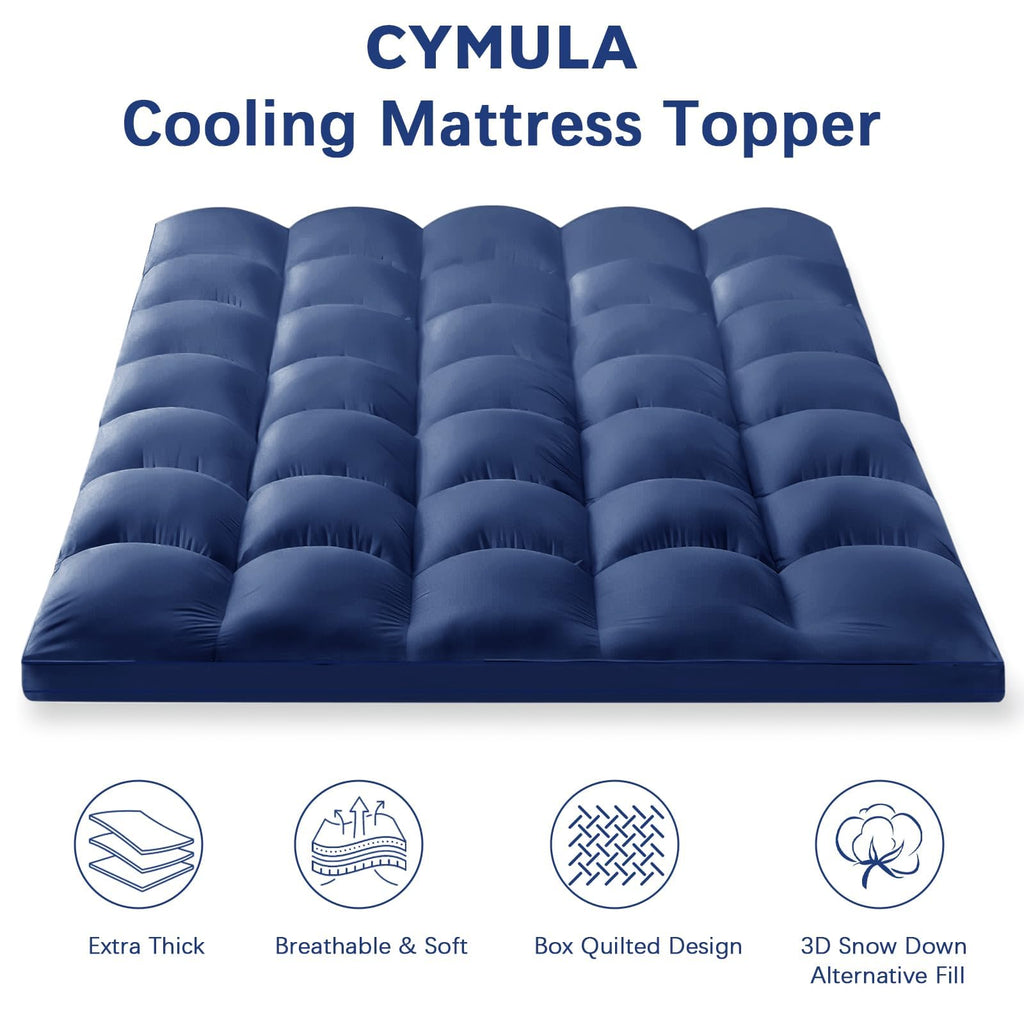 CYMULA Short Queen Mattress Topper, Cooling Bed Mattress Topper, Navy Thick Mattress Pad Cover Pillow Topper