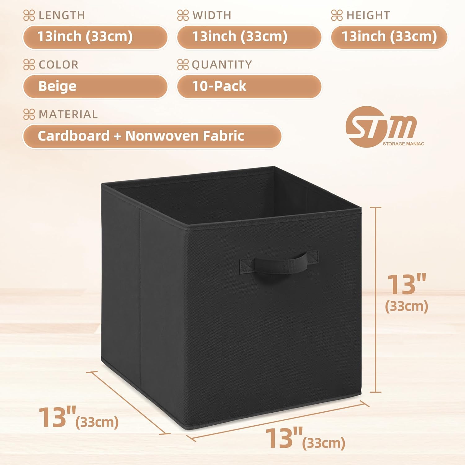 Storage Maniac 13-Inch Collapsible Storage Cubes - Durable Fabric Bins for Organization | 10-Pack Black